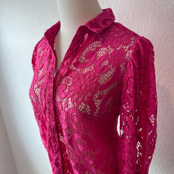 Saks Fifth Avenue Lace Button Up Collared Shirt Sheer 3/4 Sleeve Small Pink - Picture 6 of 13